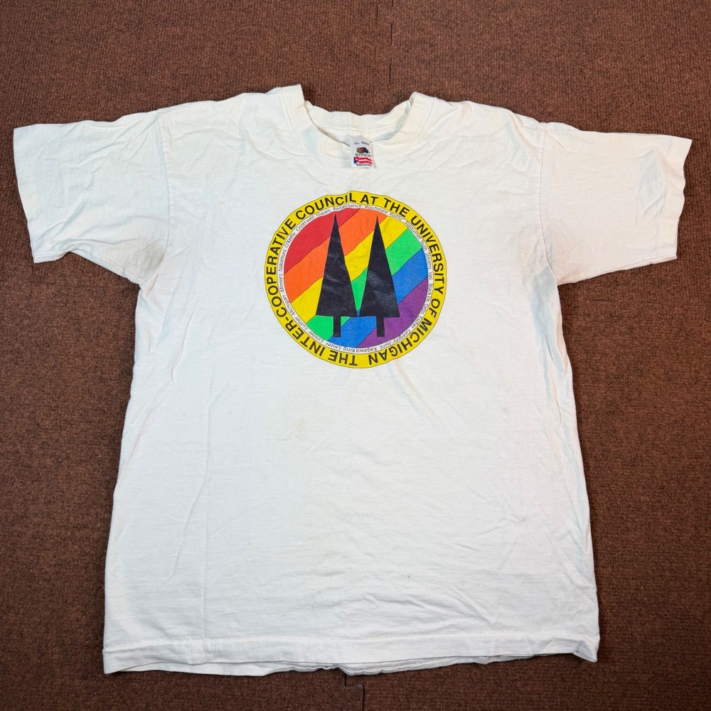 Fruit of the Loom University of Michigan ICC T-Shirt Mens Large White Rainbow L